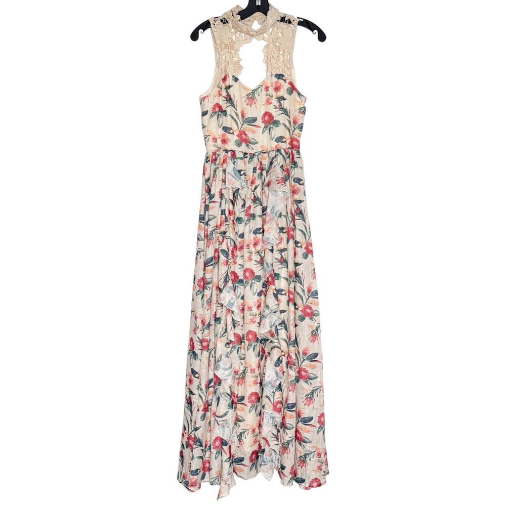 Floral Boho Maxi Dress XS Crochet Flowy Tropical Resort Beach Vacation Coastal